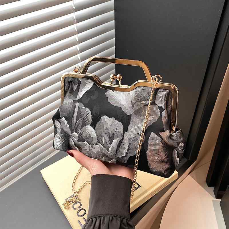 バッグ レディース スクエアバッグ 刺繡 手提げ ショルダーバッグ クリップ留め チェーン 中国風 レトロ エレガント 高級感 普段使い お出かけ 複合素材 ブラック ブラウン