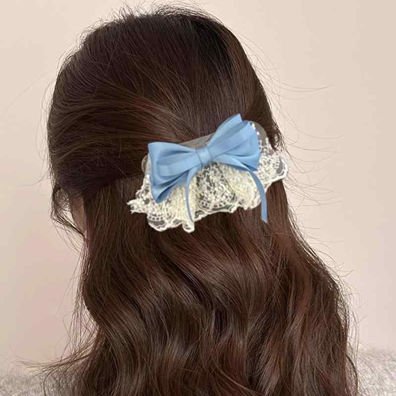 ヘアアクセサリー レディース 大きめ リボン レース フリル ダックビルクリップ くちばしクリップ フレンチスタイル プリンセス風 かわいい スイート フェミニン ハーフアップ 簡単 時短 布製 ピンク ブルー ベージュ