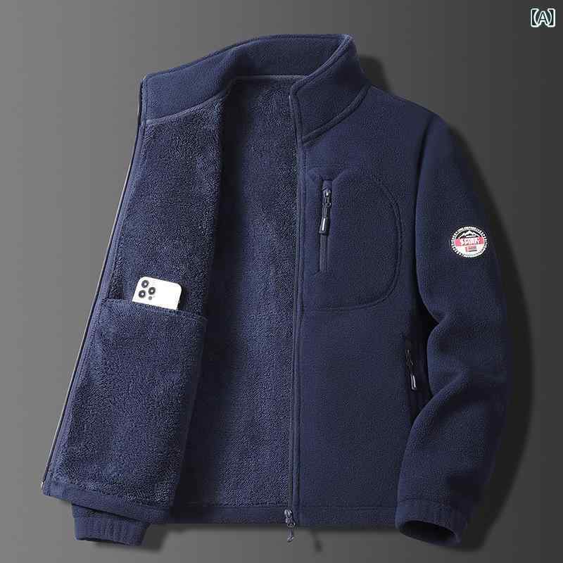 ジャケット メンズ ミドルエイジ向け フリースボア 裏起毛 秋冬厚手 スタンドカラー フルジップアップ 保温防寒 防水防風 吸湿速乾 耐摩耗 ポリエステル 多ポケット カジュアル スポーツ アウトドア 上着 普段使い