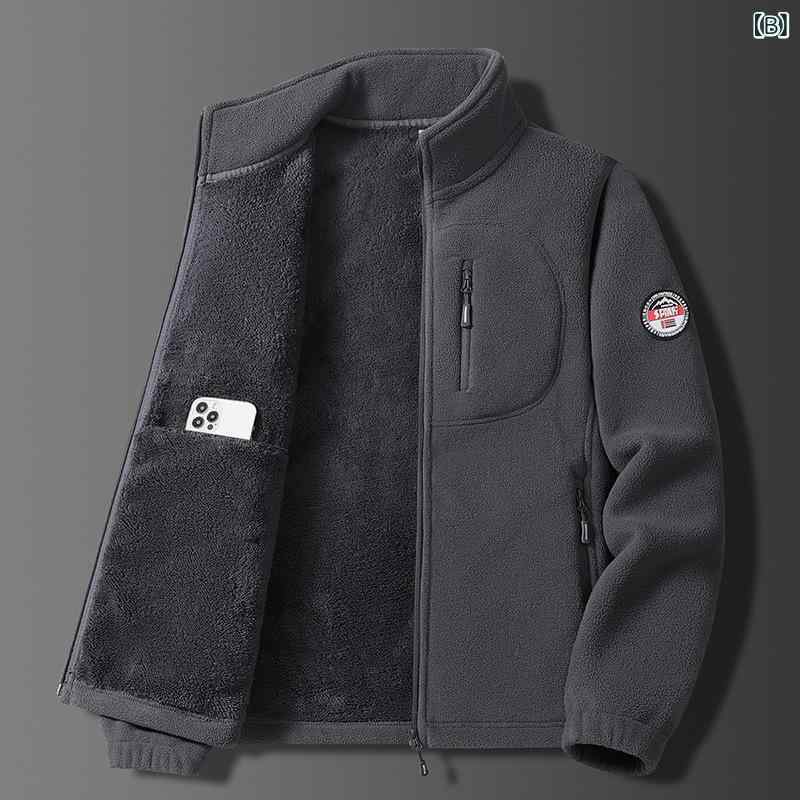 ジャケット メンズ ミドルエイジ向け フリースボア 裏起毛 秋冬厚手 スタンドカラー フルジップアップ 保温防寒 防水防風 吸湿速乾 耐摩耗 ポリエステル 多ポケット カジュアル スポーツ アウトドア 上着 普段使い