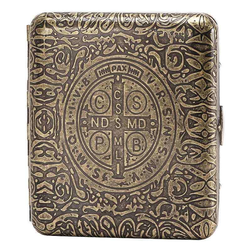 シガレットケース 20本収納 メタル製 フリップ式 両面開閉 青銅調 凝花 彫刻模様 アンティーク レトロ..