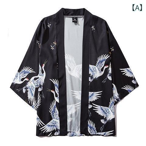 羽織 メンズ 男性 和風 古風 浮世絵 鶴柄 ゆったり カーディガン 中華風 漢服 夏用 UV対策 日焼け防止 薄手 軽量 通気性 五分袖 半袖 カジュアル リラックス 普段着 開襟シャツ
