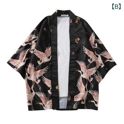 羽織 メンズ 男性 和風 古風 浮世絵 鶴柄 ゆったり カーディガン 中華風 漢服 夏用 UV対策 日焼け防止 薄手 軽量 通気性 五分袖 半袖 カジュアル リラックス 普段着 開襟シャツ