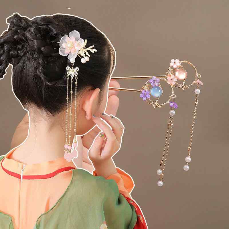 かんざし レディース キッズ 漢服 古装 中国風 宮廷風 古風 髪飾り ヘアアクセサリー 揺れる タッセル 花模様 盤髪 アップスタイル 浴衣 着物 和装 華や...