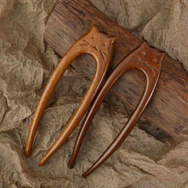 かんざし 猫モチーフ U字型 檀木製 黒檀 金糸檀木 レトロ アンティーク 中国風 古風 まとめ髪 アップヘア 浴衣 着物 普段使い ヘアアクセサリー 髪飾り ...