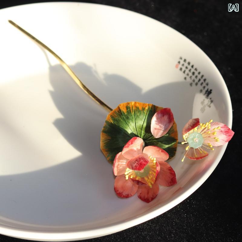 髪飾り レディース かんざし ヘアアクセサリー パール 古風 レトロ 中国風 蓮の花 蓮の葉 ベルベット花 浴衣 着物 和装 エレガント 上品