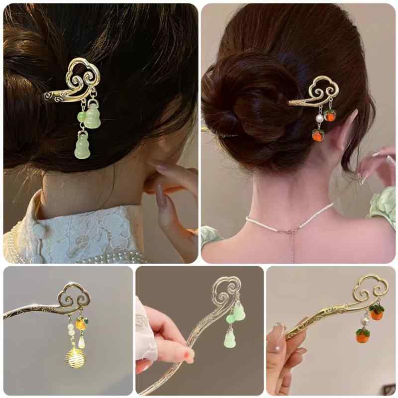 ヘアアクセサリー かんざし 柿モチーフ 縁起物 吉祥雲文様 古風 中国風 和風 手作り 合金製 まとめ髪 ..