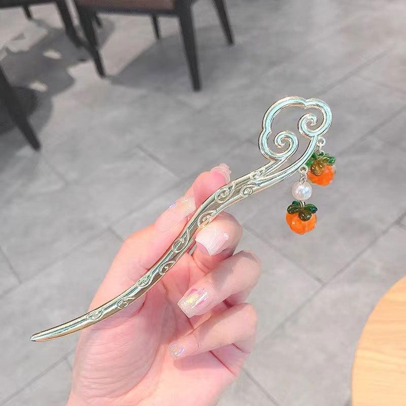 頭飾り 古風 中国風 漢服 かんざし ヘアスティック 金属製 柿 縁起物 パール飾り 和装 浴衣 着物 成人..