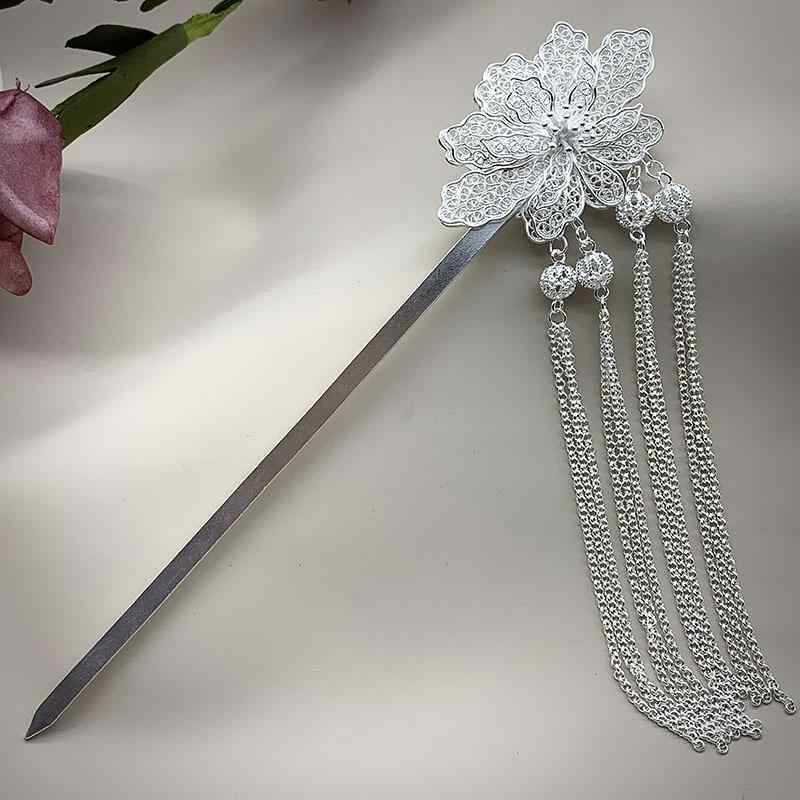 かんざし レディース 純銀 金メッキ 手作り 中国宮廷風 明朝様式 民族調 漢服 花嫁 ウェディング ブライダル 結婚式 両面花飾り フラワーモチーフ