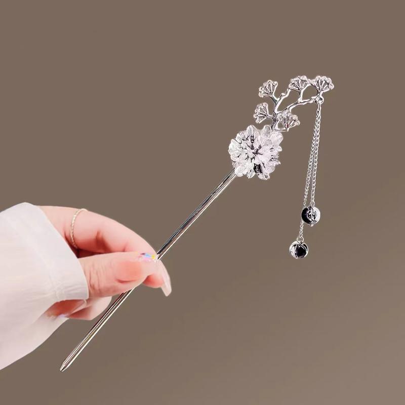 かんざし 女性用 古風 水墨画風 花柄 松葉 流れるタッセル 漢服 チャイナドレス クラシック 髪飾り ヘアアクセサリー メッキ加工 メタル 上品 エレガント