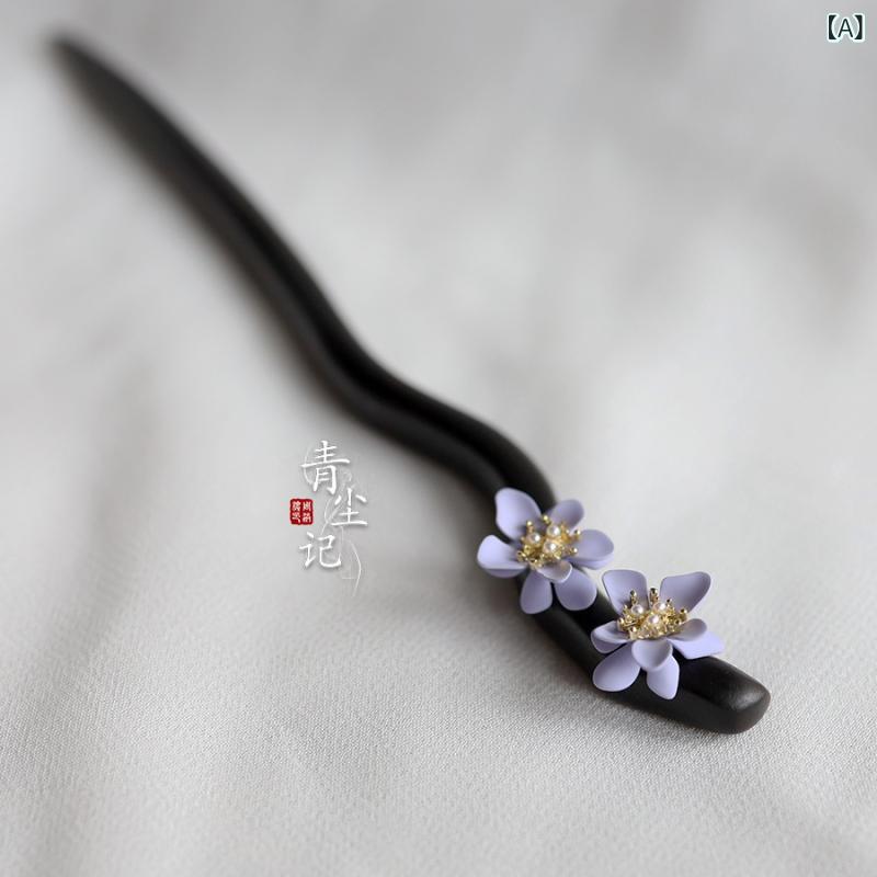 かんざし レディース 黒檀 天然黒檀 紫 二輪花 花モチーフ 古風 中華風 高級感 ハンドメイド 手作り 優雅なデザイン 和装 着物 浴衣 留袖 訪問着 振り袖...