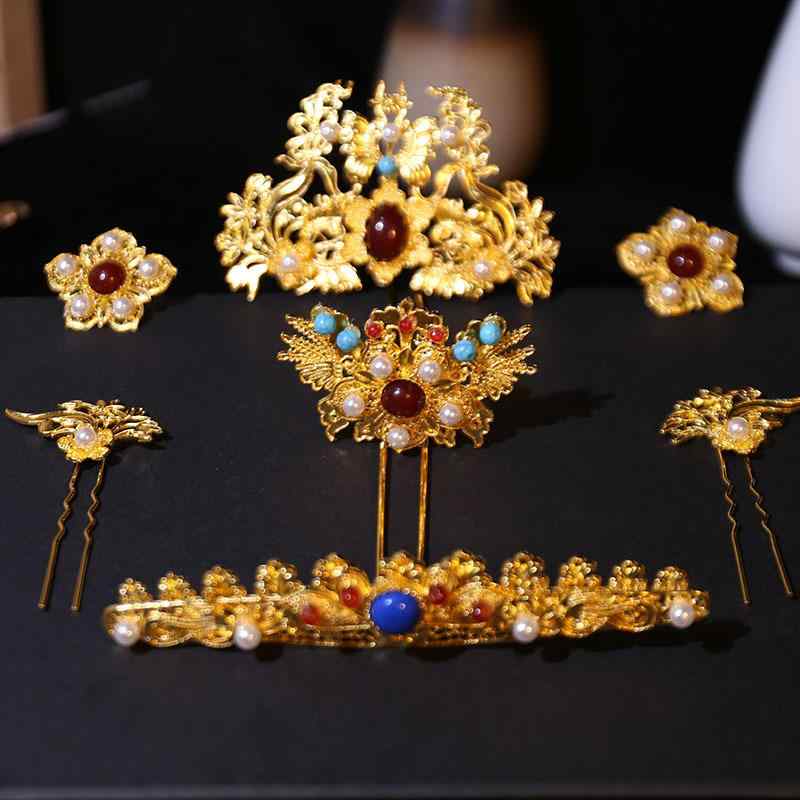 頭飾り ヘッドドレス レディース 漢服 明朝様式 民族風 中国風 仙女風 鳳凰かんざし 髪飾り ヘアピン 髪冠 鬢飾り フルセット 結婚式 ブライダル ウエディ...