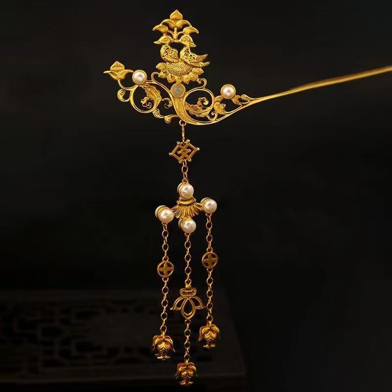 かんざし 女性用 漢服 中華風 和装 銅メッキ 金メッキ 天然真珠 鴛鴦モチーフ 花モチーフ フリンジ タッセル ヘアアクセサリー 結婚式 パーティー イベント...