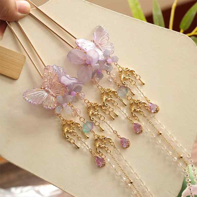 かんざし レディース 漢服 中国風 レトロ 古典 琉璃細工 U字 フラワー 蝶 髪飾り ヘアアクセサリー かんざし 和装 浴衣 着物 パーティー エレガント