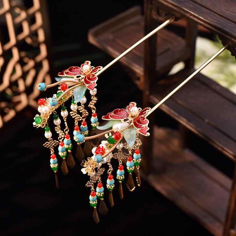 かんざし レディース まとめ髪 古風 タッセル 揺れる 髪飾り ヘアアクセサリー レトロ ヴィンテージ 中華風 ハンドメイド 花モチーフ