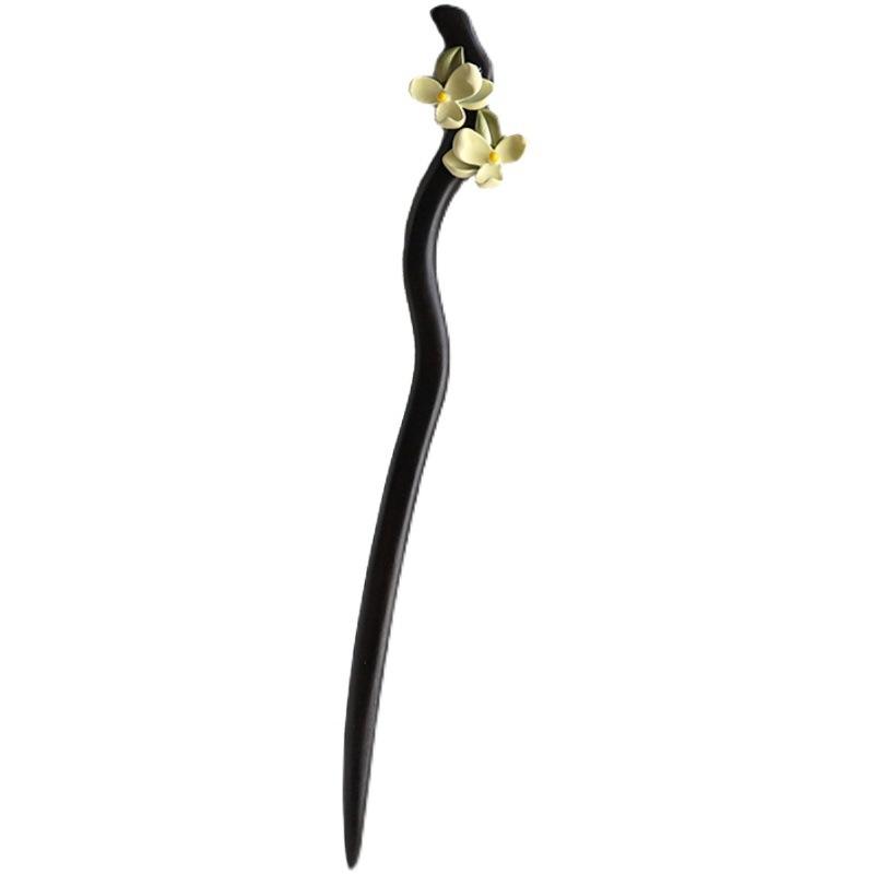 かんざし 髪飾り ヘアアクセサリー ジャスミン 花モチーフ 黒檀 天然木 レトロ クラシック 中華風 国風 シンプル まとめ髪 アップスタイル 夜会巻き 清楚 ...