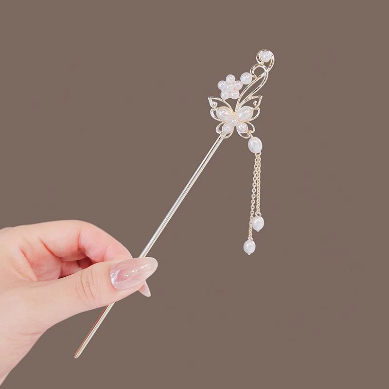 かんざし レディース 中国風 古風 蝶 パール 真珠 バタフライ 髪飾り ヘアアクセサリー 上品 エレガント 気品 揺れる飾り タッセル まとめ髪 夜会巻き ア...