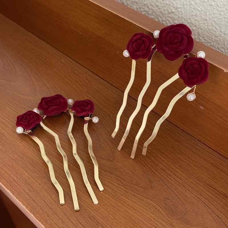 かんざし レディース パール ローズ 薔薇 ヘアコーム 中国風 中華風 レトロ アンティーク調 U字コーム 髪飾り アップヘア お団子ヘア まとめ髪 和装 浴衣...