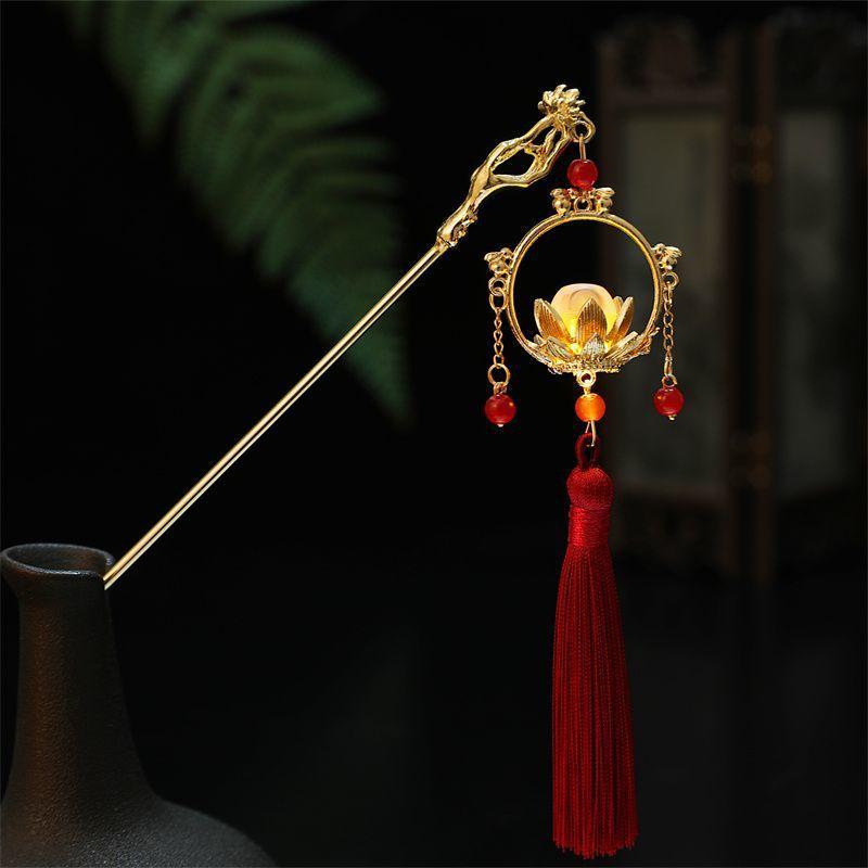 髪飾り レディース 中国風 レトロ 発光 LED 蓮 ロータス 花 かんざし 赤 レッド タッセル フリンジ 漢服 チャイナドレス 和装 浴衣 まとめ髪 夜会巻...