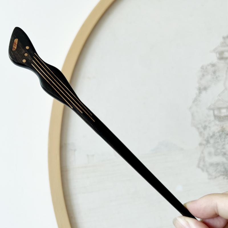 かんざし 髪飾り 黒檀 木製 ギターモチーフ レトロ 中国風 古典 エレガント 和装小物 着物 浴衣 チャイナドレス 普段使い イベント 上品