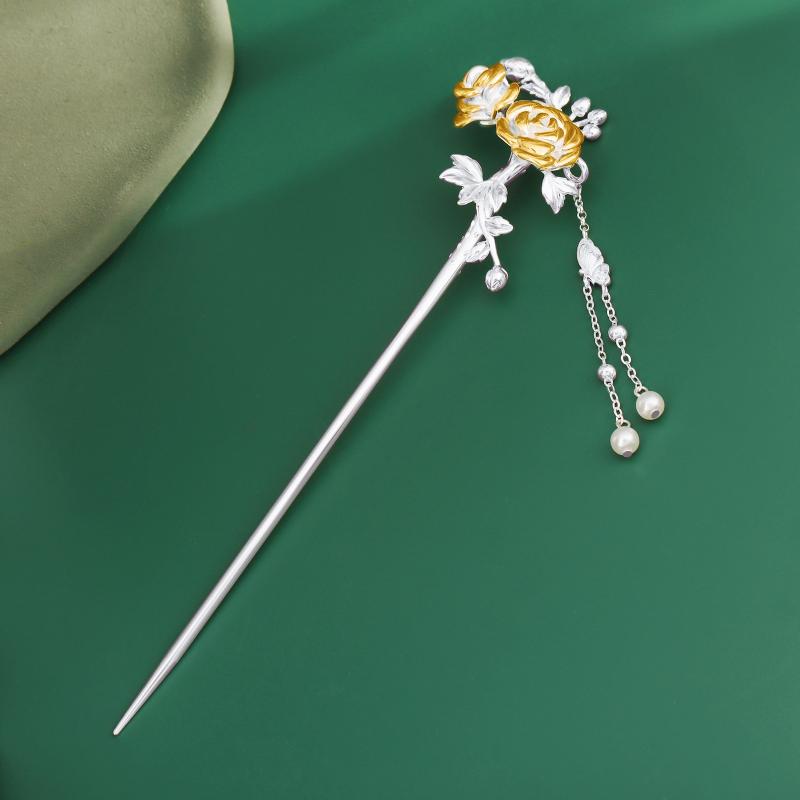 かんざし レディース バラ フラワーモチーフ 古典風 中華風 タッセル 高級感 銅製 髪飾り ヘアスティック