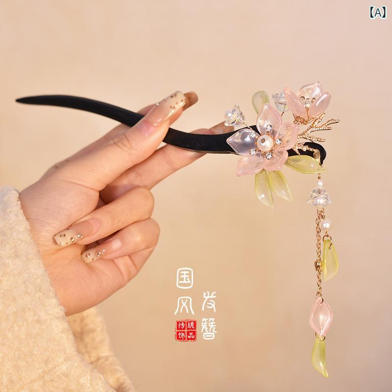 かんざし レディース 瑠璃 ブルー 蓮 花 手作り 黒檀木 金メッキ かんざし ヘアスティック タッセル まとめ髪 アップスタイル 古風 レトロ エスニック 和...