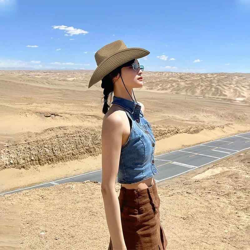 麦わら帽子 男性用 カウボーイハット テンガロンハット つば広 平頂 アウトドア レジャー 普段使い 日..