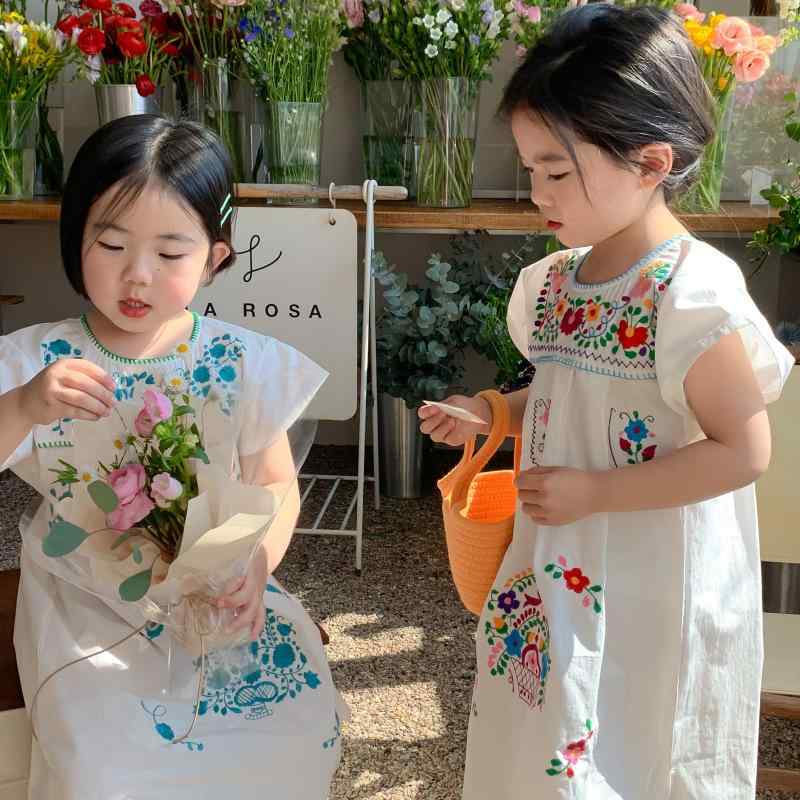 子供服 女の子 ワンピース 森ガール風 レトロ メキシカン花柄刺繍 ロング丈 半袖 綿素材 エスニック プ..