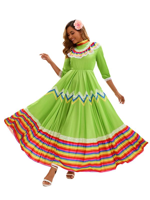 ワンピース レディース メキシカン スペイン風 フレアドレス 5色展開 舞台衣装 ステージドレス ダンス..