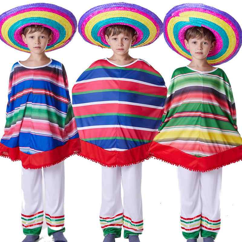 コスプレ キッズ ハロウィン メキシコ 民族衣装 マント 麦わら帽子 男女兼用 ユニセックス ポリエステ..