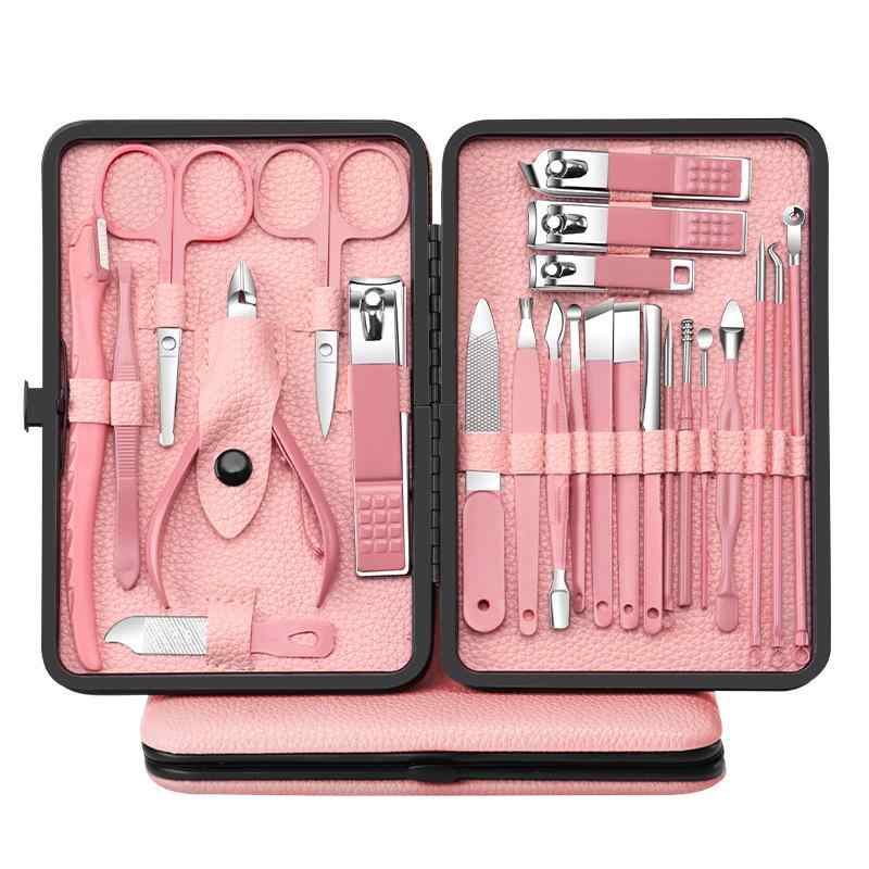 ネイルケア 爪切りセット ピンク 24点セット ステンレス製 炭素鋼 爪やすり 爪磨き 甘皮切り キューテ..
