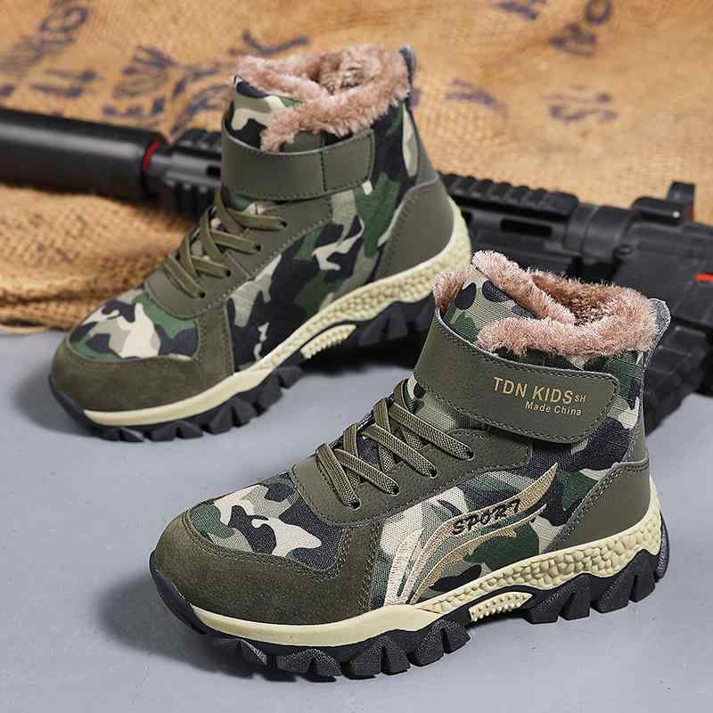 スニーカー キッズ 男女兼用 秋冬 アウトドア 迷彩柄 ハイカット 裏起毛 あったか 軽量 保温 防滑 滑りにくい 厚手 マジックテープ ラバーソール スポーツ...