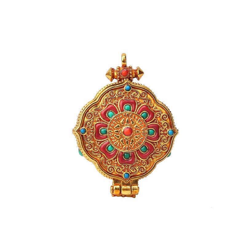 ネックレス ガウボックス 菩提蓮花 チベット仏教 法具 お守り 護符 携帯仏龕 ミニ仏壇 エナメル加工 七..