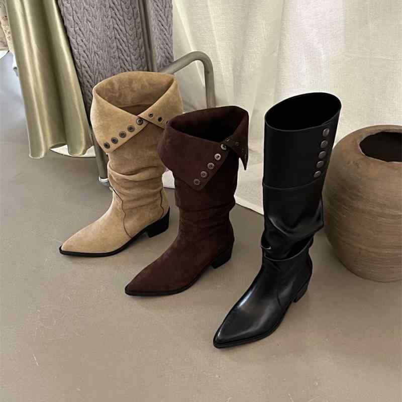 ブーツ レディース ポインテッドトゥ 太ヒール ロング ニーハイブーツ 2way ボタン クシュクシュ ウエ..