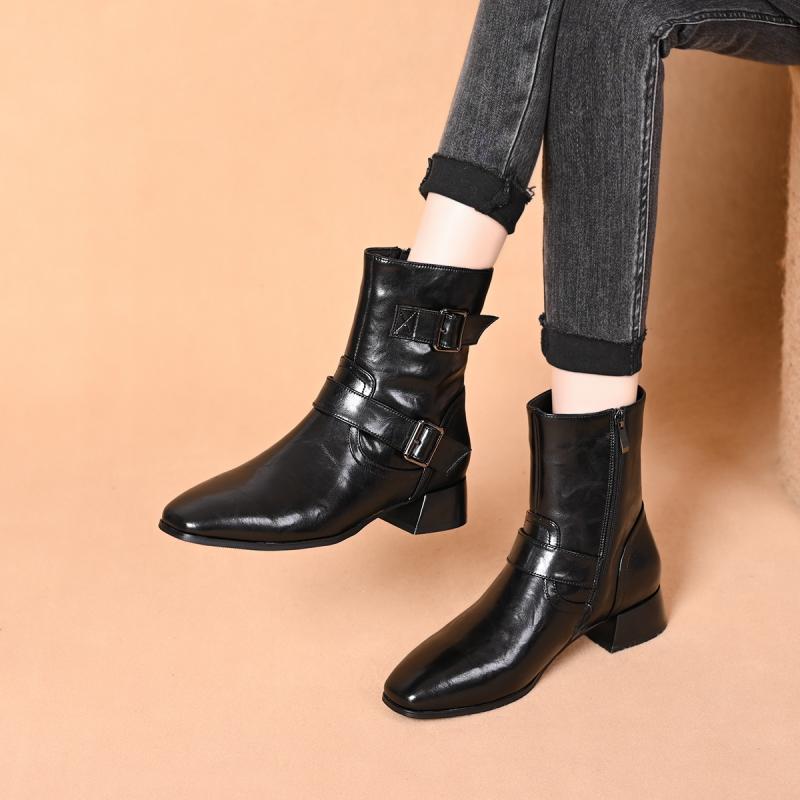 ウエスタンブーツ レディース 女性用 超軽量 成型ソール 柔らかい 牛革 レザー ショートブーツ アンクルブーツ スクエアトゥ 太めミドルヒール ベルトバックル...