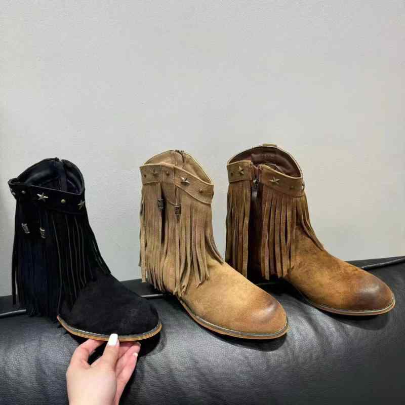 ショートブーツ レディース レトロ スエード フリンジ スタッズ チャンキーヒール ウエスタンブーツ ラウンドトゥ サイドジップ