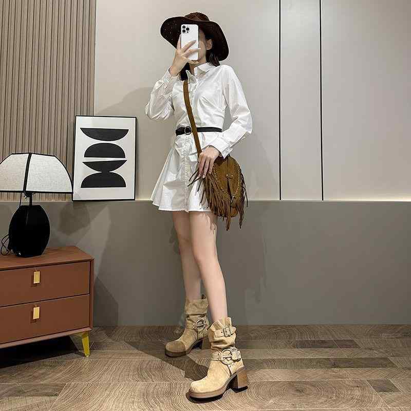 ショートブーツ レディース ミドル丈 ルーズシルエットブーツ 太ヒール 高ヒール ウエスタン コンバッ..