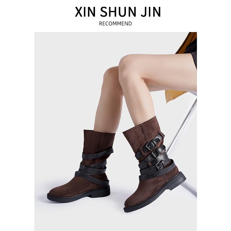 ブーツ レディース ウェスタンブーツ ライディングブーツ ミドル丈 太ヒール ラウンドトゥ 編み上げ レ..