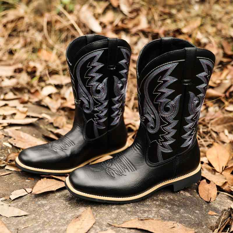 ウエスタンブーツ メンズ ロング丈 ハイカット 刺繍 レトロ ヴィンテージ スクエアトゥ PUレザー フェイクレザー ローヒール スタックヒール 保温 防寒 カジュアル カモフラ柄 黒 ブラウン(4)