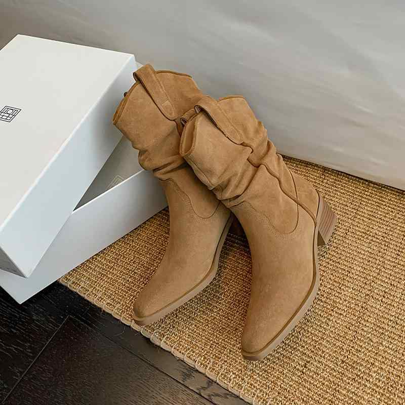 ブーツ レディース 本革 牛革 ポインテッドトゥ ギャザークシュクシュ インヒール ウエスタン スキニー..