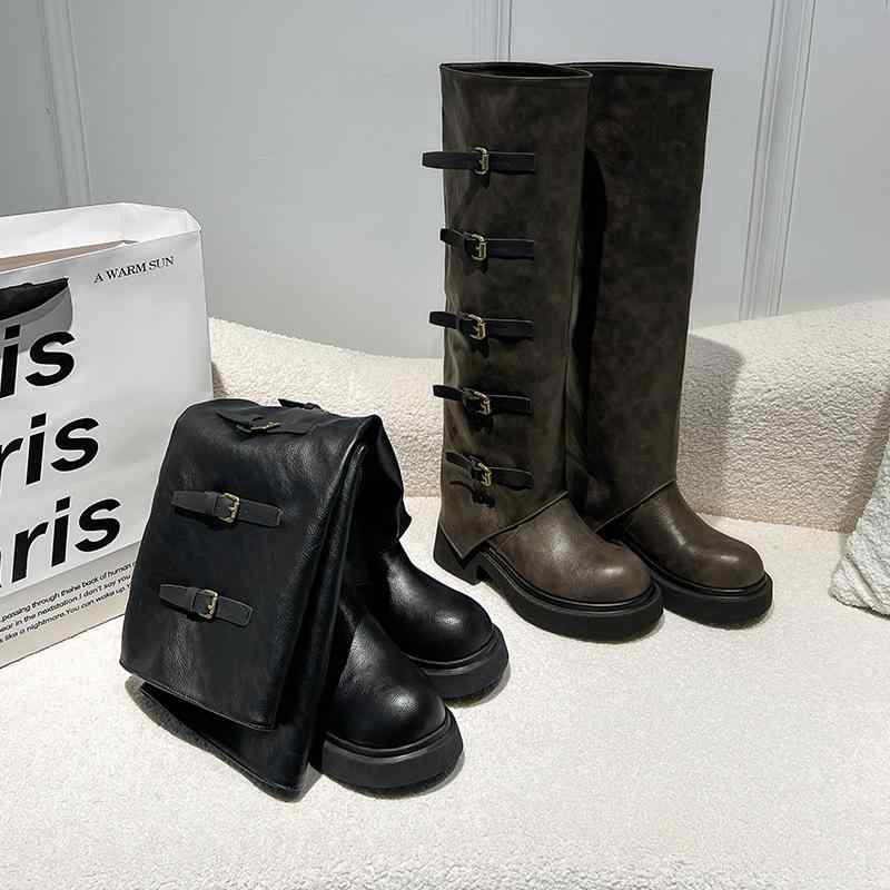 ロングブーツ レディース レトロ シャーリング ルーズ ウェスタン バイカー 合成皮革 太ヒール 厚底 ラウンドトゥ ミドルヒール 脚長効果 衝撃吸収 ベルトデ...