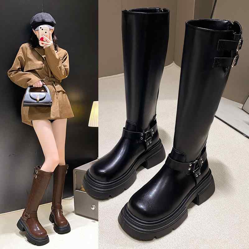 ブーツ レディース ブラウン ウエスタンブーツ 膝下丈ロング 太ヒール チャンキーヒール 厚底 プラット..