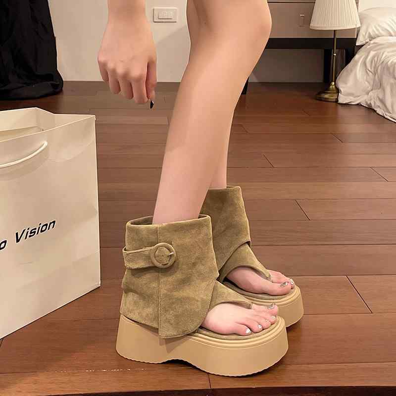 ブーツ レディース 厚底 ショートブーツ ウエスタン トングデザイン サマーブーツ ルーズ ドレープ ス..