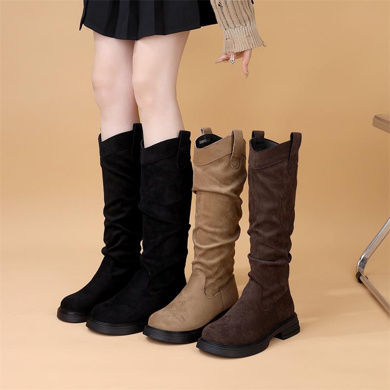 ブーツ レディース 女性用 レトロ ロングブーツ ジョッキーブーツ ラウンドトゥ クシュクシュブーツ ミドルヒール チャンキーヒール ウェスタンブーツ スエード...