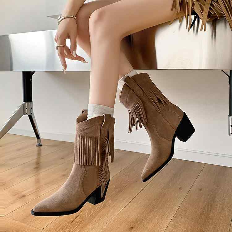 ブーツ レディース 牛革スエード フリンジ ウエスタンブーツ ミドル丈 ポインテッドトゥ チャンキーヒ..