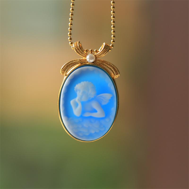 ネックレス S925シルバー 瑪瑙 カメオ 愛の神 キューピッド 天使 モチーフ ブルー 青色 レトロ 文芸アンティーク風 デザイン ペンダント