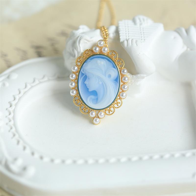 ペンダント S925シルバー 瑪瑙 ブルー 浮き彫り カメオ プリンセス 天使モチーフ ヴィンテージ レトロ アンティーク調 エレガント