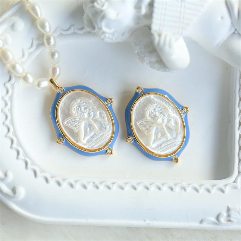 ペンダント レディース S925シルバー 18K金メッキ 白蝶貝 浮き彫り キューピッド カメオ 七宝焼 アンティーク調 クラシック レトロ