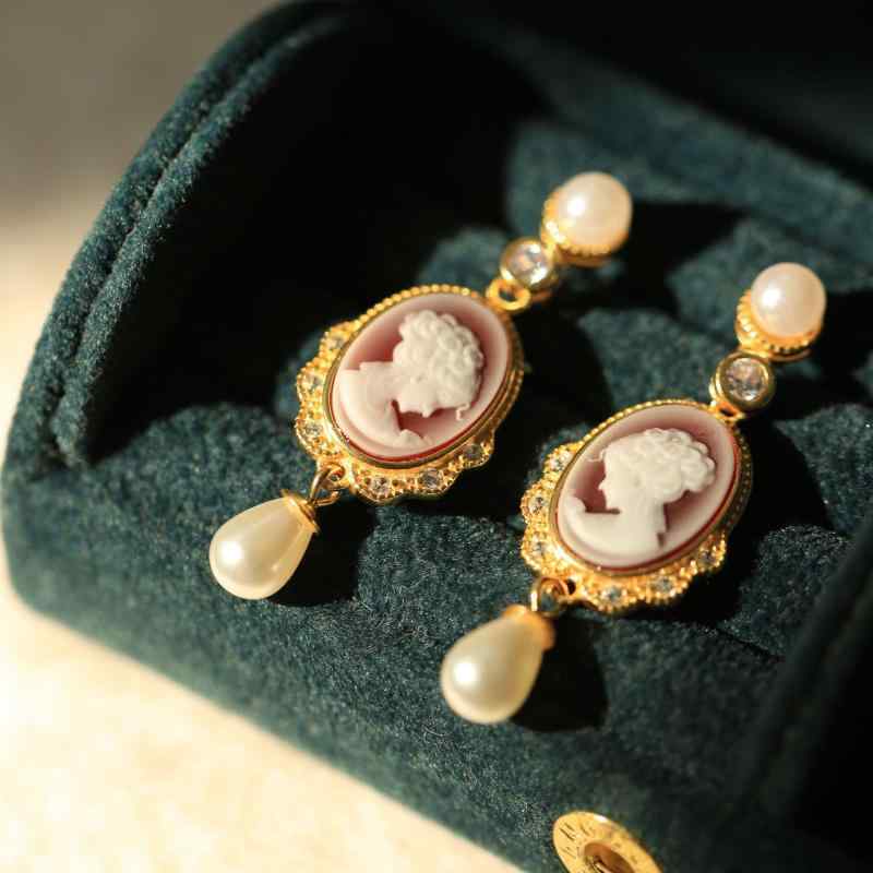 イヤリング ピアス 925シルバー ドイツカメオ マノウ浮彫り 赤色 中古風 レトロ アンティーク ヴィンテージ 個性的デザイン 文芸レトロ