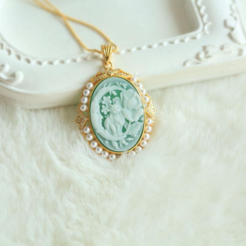 ネックレス S925純銀 マザーオブパール カメオ 月猫 アニマルモチーフ レトロ ヴィンテージ 文芸風 上品 かわいい おしゃれ シルバー ペンダント